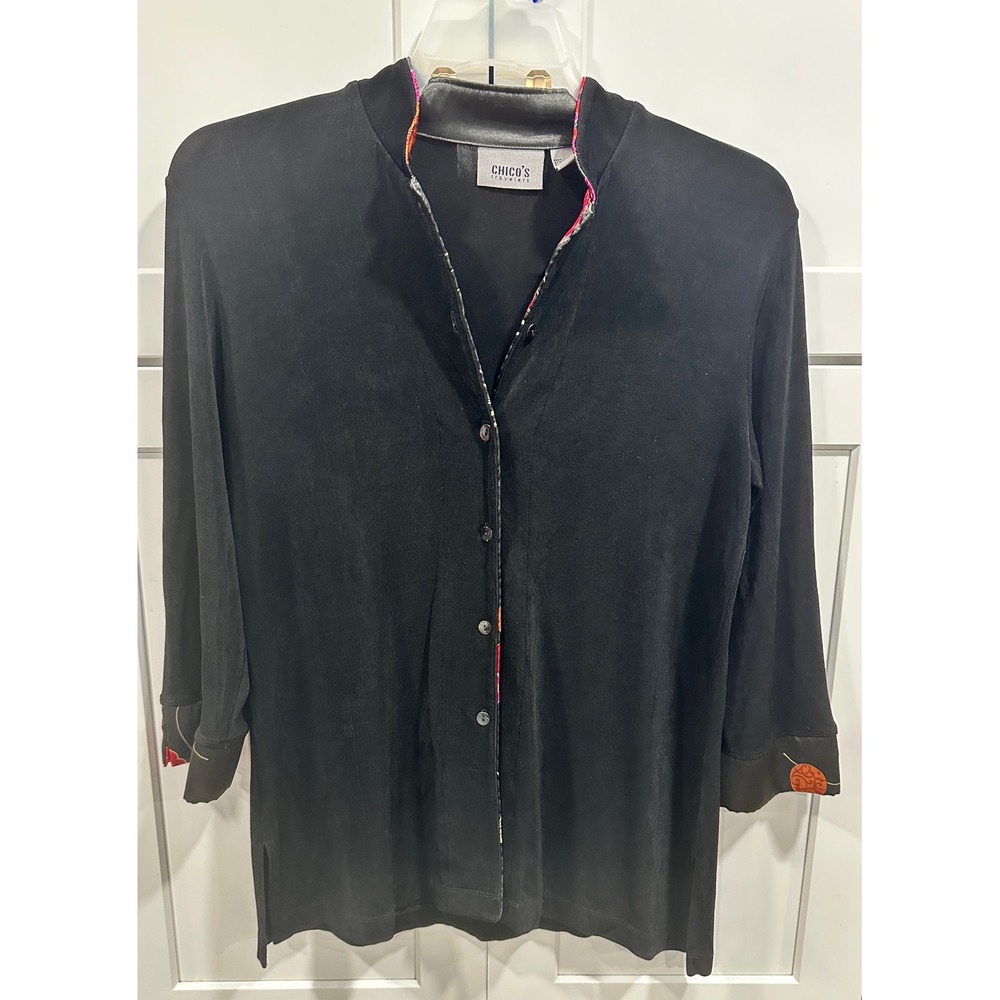 Chicos Travelers Black‎ Floral Trim Mandarin Collar Shirt Top Size 1 M